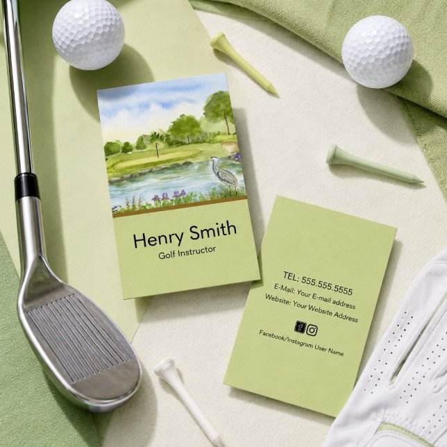 Golf Instructor Golf Course with Heron  Business Card (Creator Uploaded)