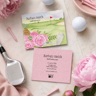 Golf Instructor Peonies On Golf Course Square Business Card