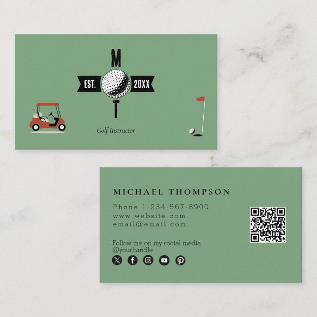 Golf Instructor Social Media QR Code Green Business Card (Front/Back)
