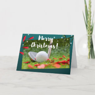 Golf iron and ball is on green Christmas Card