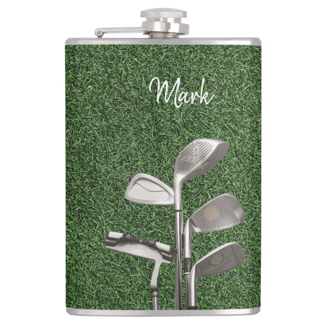 Golf iron on green grass hip flask (Front)