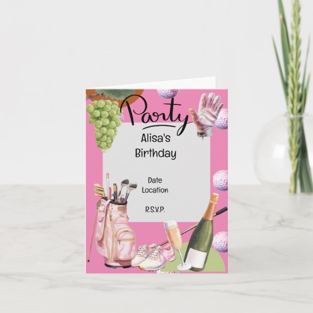 Golf iron  with ball all over on pink for golfer invitation (Front)