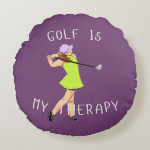 'Golf Is My Therapy' Magenta Lime Green Modern Fun Round Cushion
