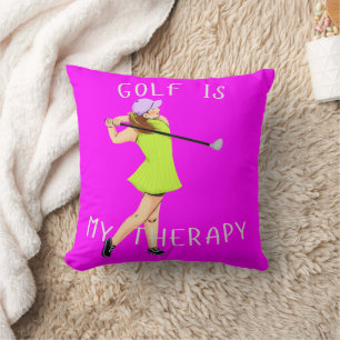 'Golf Is My Therapy' Vibrant Magenta & Lime Green Cushion