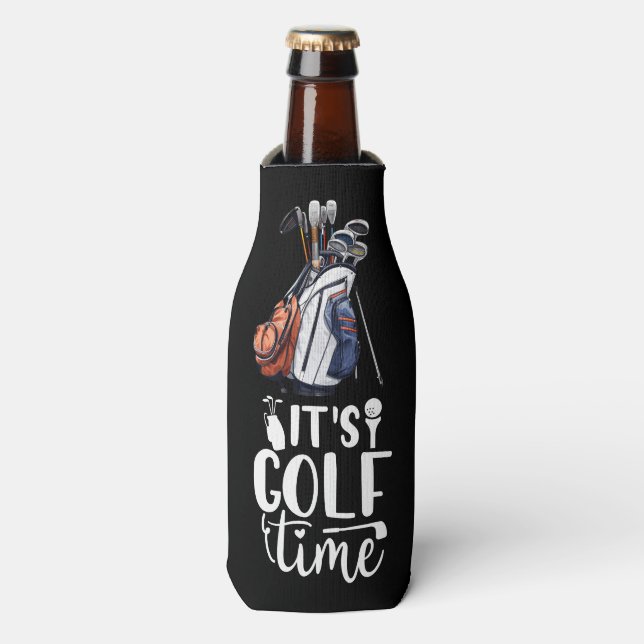 Golf it's golf time for golfer bottle cooler (Bottle Front)