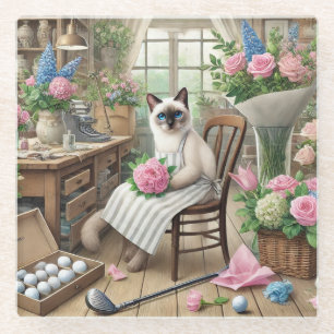 Golf lady golfer themed for cat lovers glass coaster