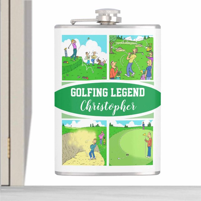 Golf Legend with 4 Funny Cartoons Golf Hip Flask (Creator Uploaded)