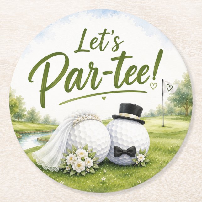 Golf Let’s Par tee Bride & Groom Wedding  Round Paper Coaster (Front)