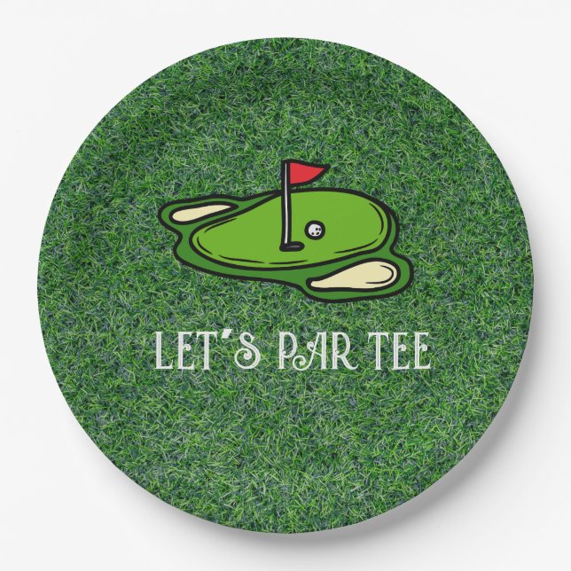Golf Let’s Par tee with golf flag on green white  Paper Plate (Front)