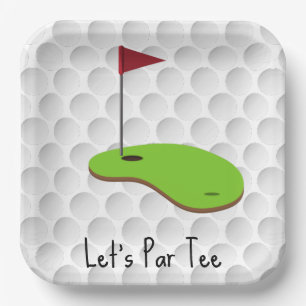 Golf Let’s Par tee with golf flag on green white Paper Plate