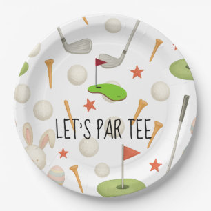 Golf Let’s Par tee with golf flag on green white  Paper Plate