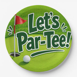 Golf Let’s Par tee with golf flag on green white Paper Plate