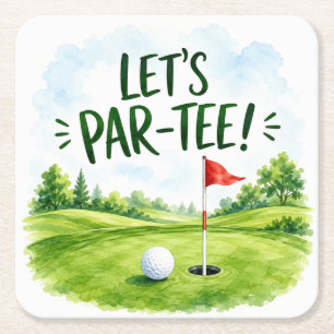 Golf Let’s Par tee with golf flag on green white Square Paper Coaster