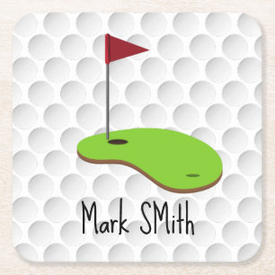 Golf Let’s Par tee with golf flag on green white  Square Paper Coaster