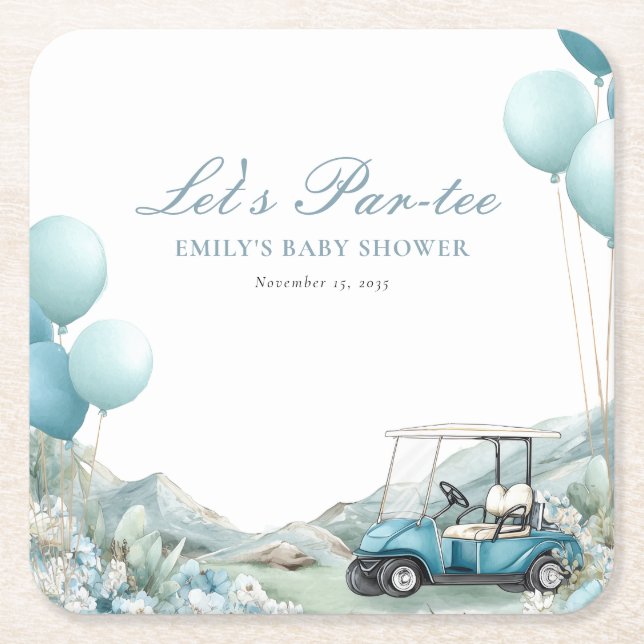Golf Let's Par-tee Blue Baby Shower Square Paper Coaster (Front)