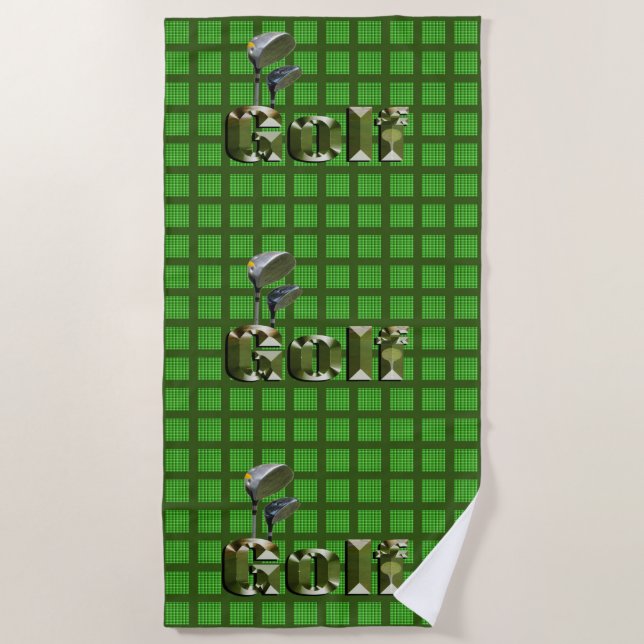 Golf Logo And Clubs On Green Checked Tartan, Beach Towel (Front)