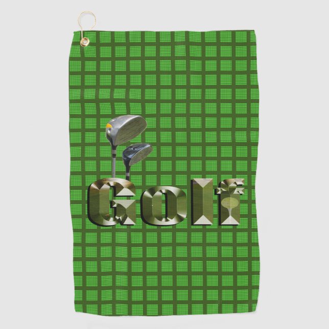 Golf Logo And Clubs On Green Checked Tartan, Golf Towel (Front)