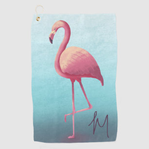Golf Lover Flamingo Pink Blue Elegant Monogram Golf Towel