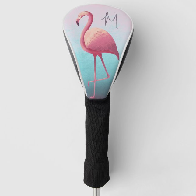 Golf Lover Flamingo Pink Blue  Elegant Monogram  Head Cover (Front)