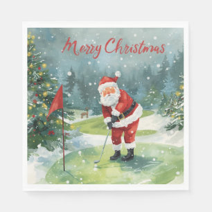 Golf Merry Christmas Santa Claus golfing Snowing Napkin