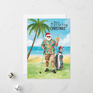 Golf Merry Christmas Santa Golfer Beach themed Holiday Card