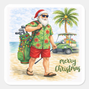 Golf Merry Christmas Santa Golfer Beach themed Square Sticker