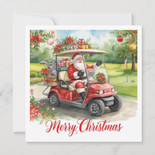 Golf Merry Christmas Santa riding golf cart Holiday Card