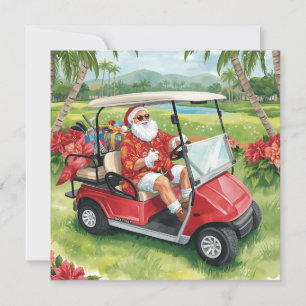 Golf Merry Christmas Santa riding golf cart Holiday Card