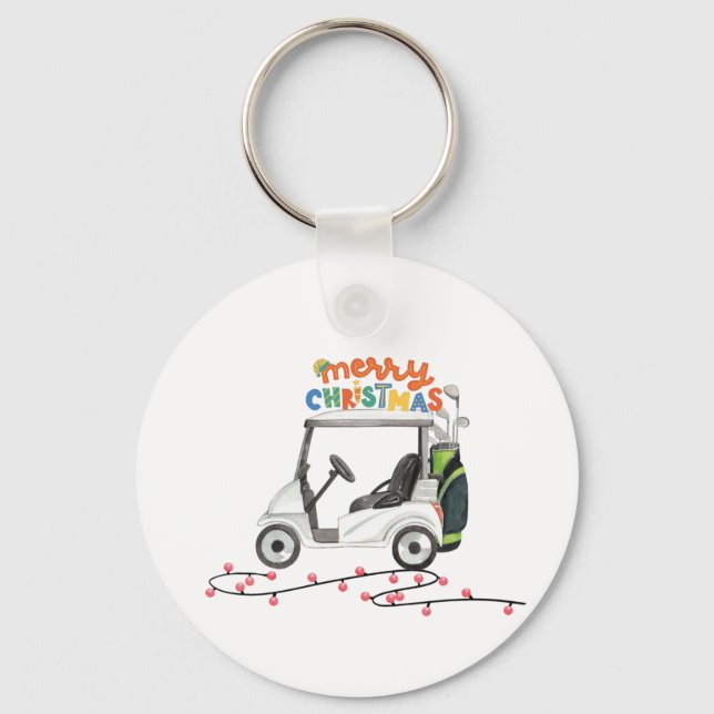 Golf Merry Christmas with golf bag cart  Key Ring (Front)