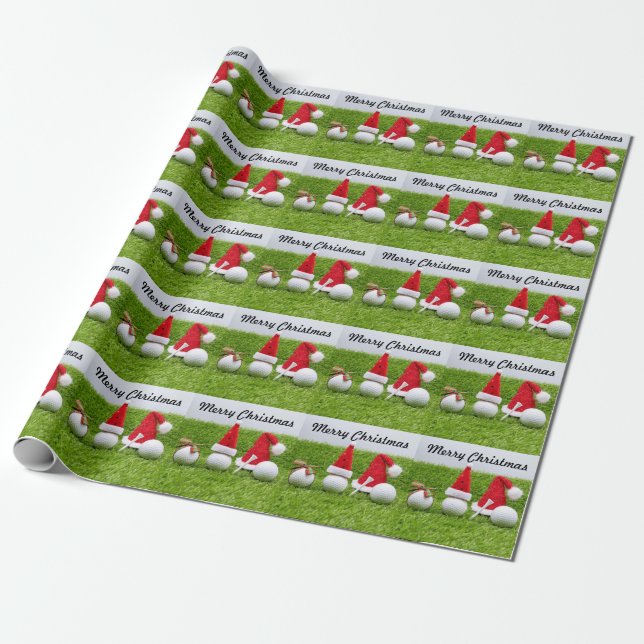 Golf Merry Christmas with golf ball Santa Hat Wrapping Paper (Unrolled)