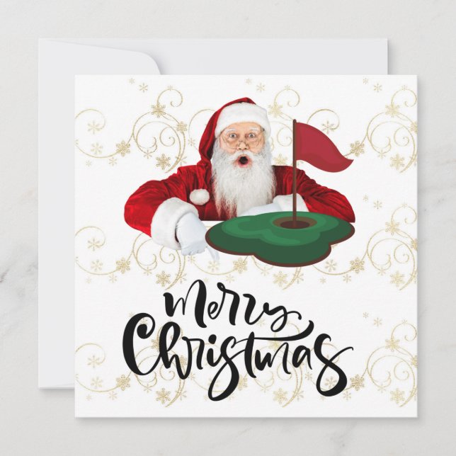 Golf Merry Christmas with Santa Claus at flag  Card (Front)