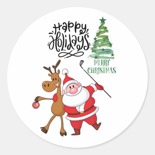 Golf Merry Christmas with Santa Claus at flag  Classic Round Sticker (Front)