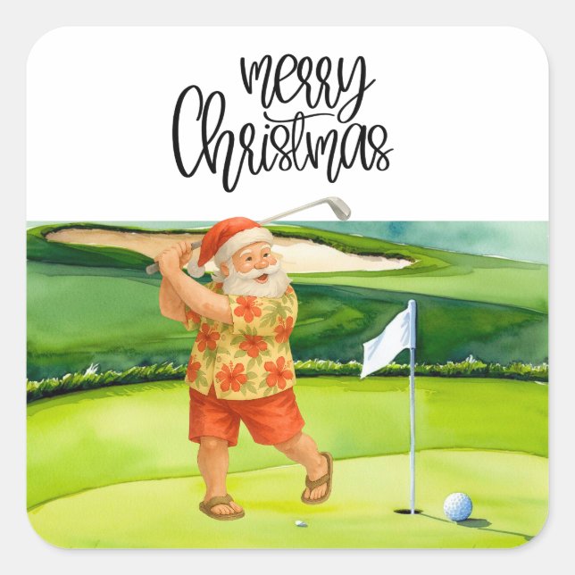 Golf Merry Christmas with Santa Claus at flag  Square Sticker (Front)