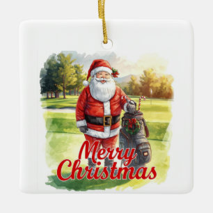 Golf Merry Christmas with Santa Claus Ceramic Ornament