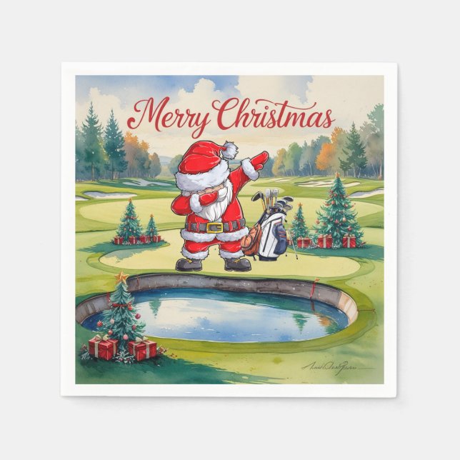 Golf Merry Christmas with Santa Claus dabbing Napkin (Front)