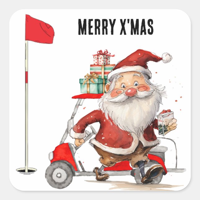 Golf Merry Christmas with Santa Claus Golfer Square Sticker (Front)