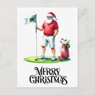 Golf Merry Christmas with Santa Claus on Green Holiday Postcard