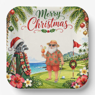 Golf Merry Christmas with Santa Claus Paper Plate