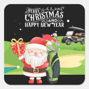 Golf Merry Christmas with Santa riding golf cart  Square Sticker