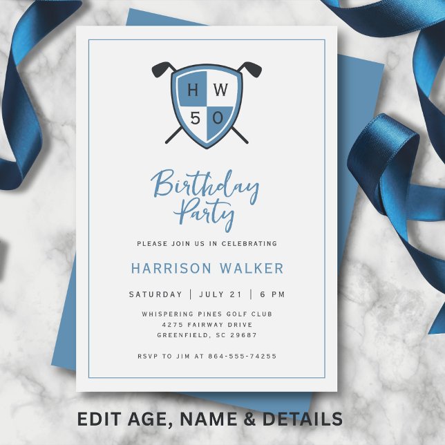 Golf Modern 50th Adult Birthday Party Stylish Blue Invitation (Modern golf crest design with personalized initials and age.)