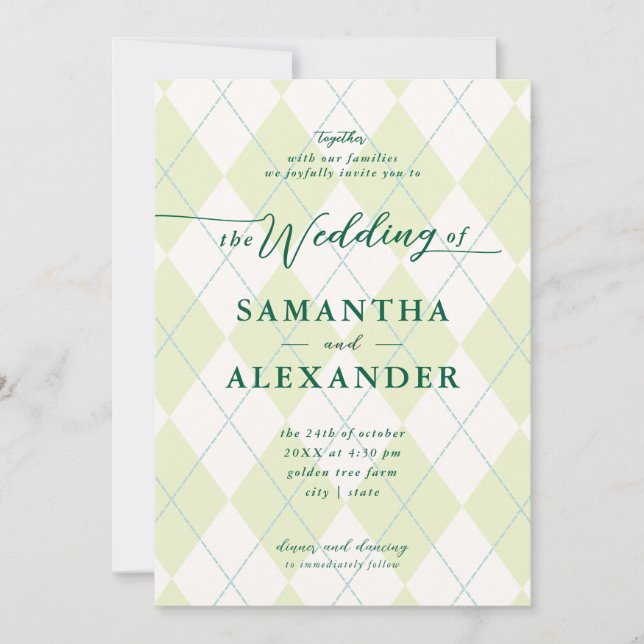 Golf Modern Argyle Elegant Wedding Monogram Crest  Invitation (Front)