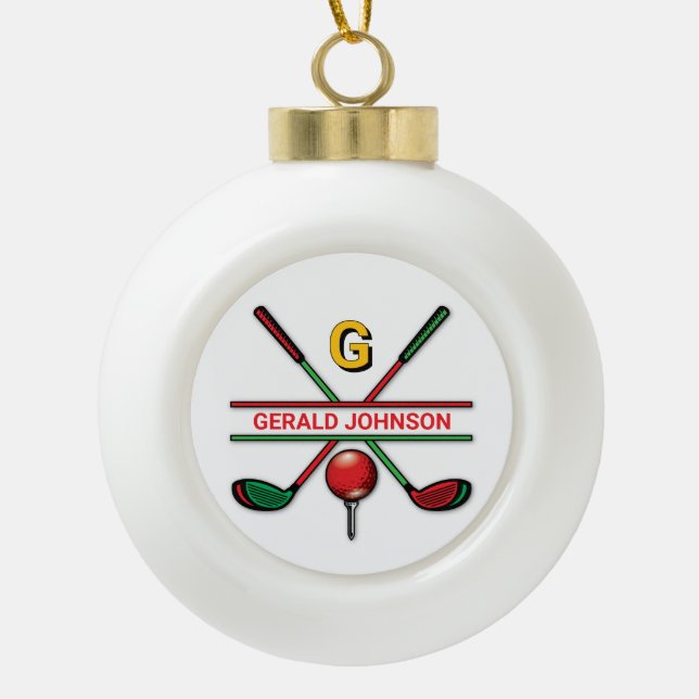 Golf Monogram Metallic Green and Silver Ceramic Ball Christmas Ornament (Front)