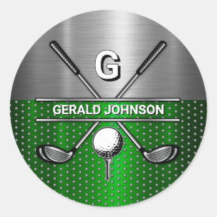 Golf Monogram Metallic Green and Silver Classic Round Sticker