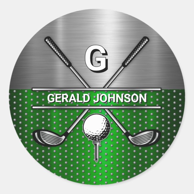 Golf Monogram Metallic Green and Silver Classic Round Sticker (Front)