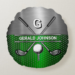 Golf Monogram Metallic Green and Silver Round Cushion