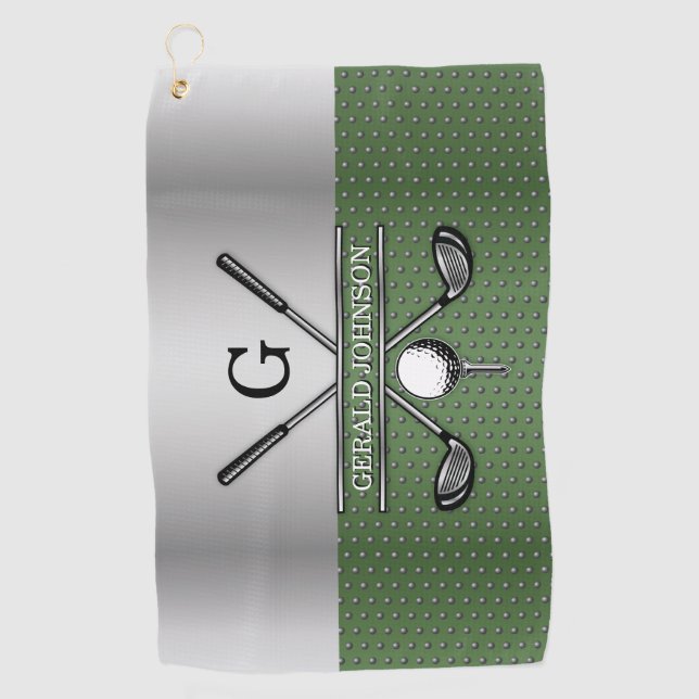 Golf Monogram Silver and Green Design Golf Towel (Front)