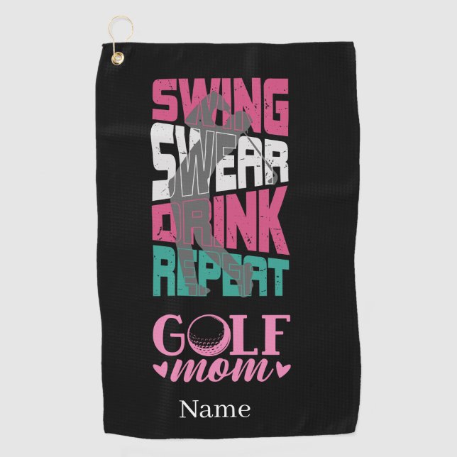 Golf Mum Swing Swear Repeat on Black  Golf Towel (Front)