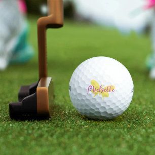 Golf muted yellow butterfly script pink name balls