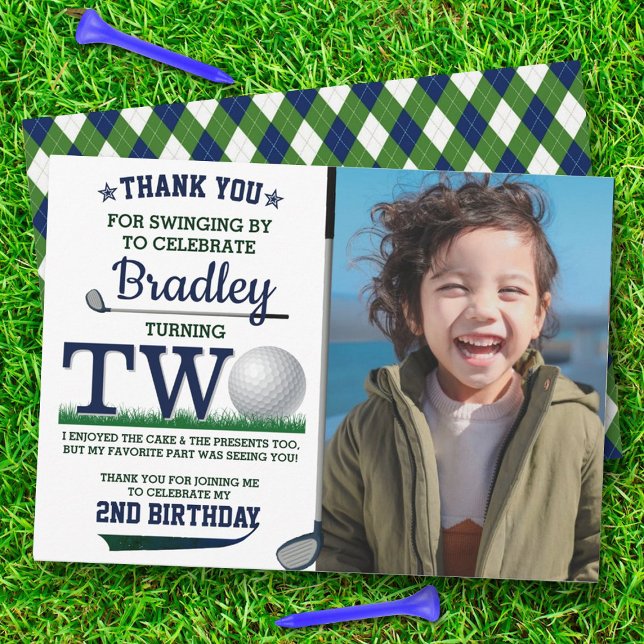 Golf PAR-TEE 2nd Birthday Photo Thank You Card (Creator Uploaded)