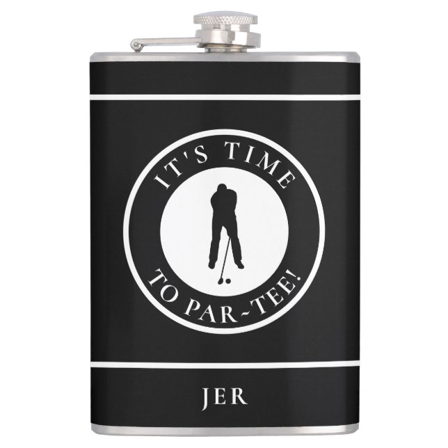 Golf Par-Tee Funny Golfer Monogram Black For Him Hip Flask (Front)